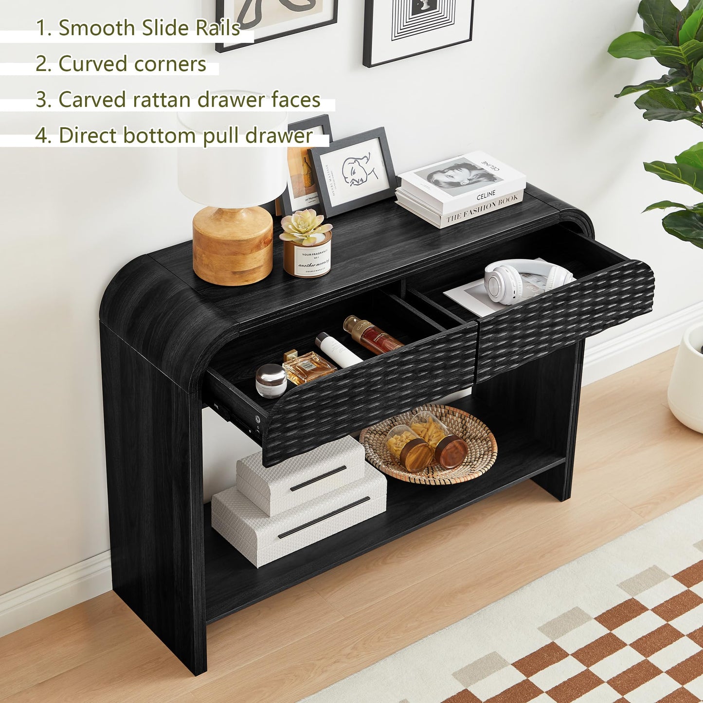 Entryway Table with Storage, Narrow Console Table with Drawers, 43.3'' Couch Table Behind Sofa Long and Skinny with Arc for Living Room TV, Hallway Entrance Foyer, Mid Century Black Carved Rattan