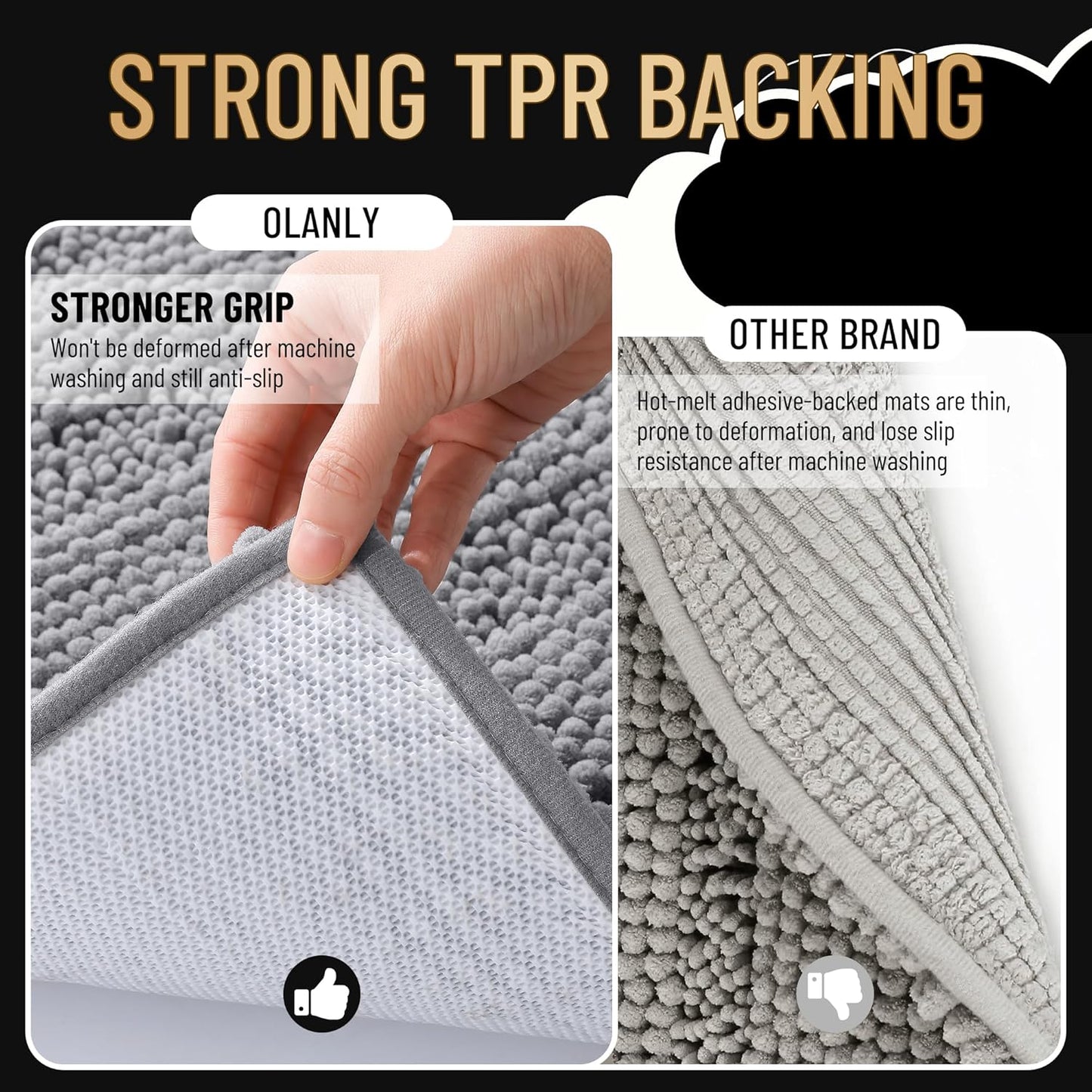 OLANLY Thick Bathroom Rugs 47x17, Extra Soft Absorbent Chenille Striped Bath Rugs, Rubber Backing, Machine Wash Dry, Bath Mats for Bathroom Floor, Tub and Shower, Home Decor Accessories, Grey
