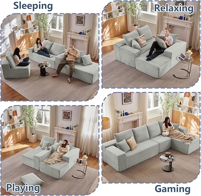 135.4" Cloud Sectional Couch with L-Shape Chaise, Modern Corduroy Boneless Couch for Living Room,Memory Foam Sofa with Deep Seat,No Assembly Required (Grey,Right-Facing Chaise)