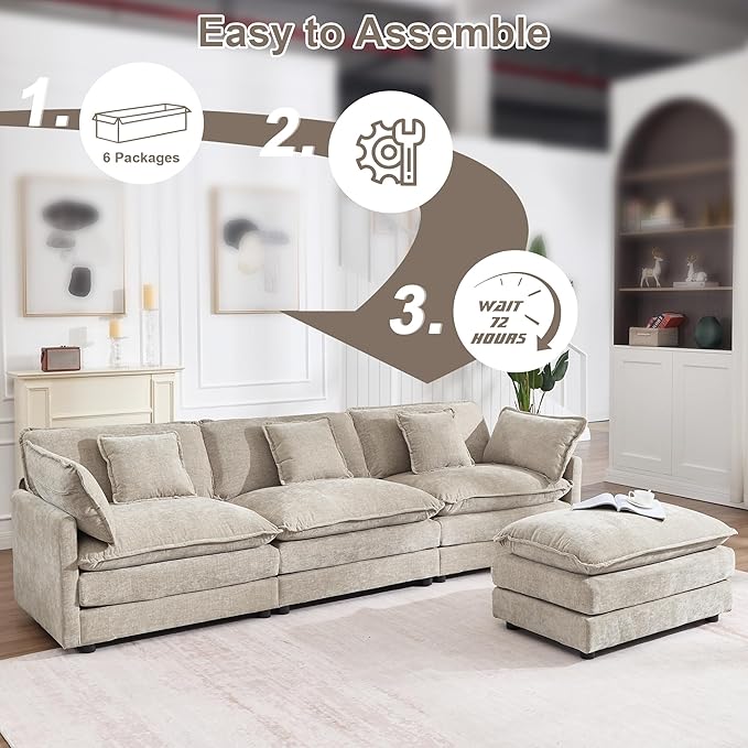 KIVENJAJA 111.5”W Chenille L-Shaped Modular Sectional Sofa, Modern 3-Seater Comfy Deep Seat Cloud Couch with Ottoman/Chaise & 5 Pillows for Living Room Office Apartment, Light Camel