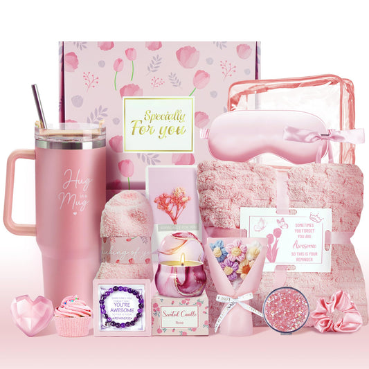 15PCS Birthday Gifts for Women, Relaxing Spa Basket With Luxury Flannel Blanket and 40 oz Tumbler - Care Package for Her, Mom, Wife, Friends - Valentine's, Mother's Day, Christmas