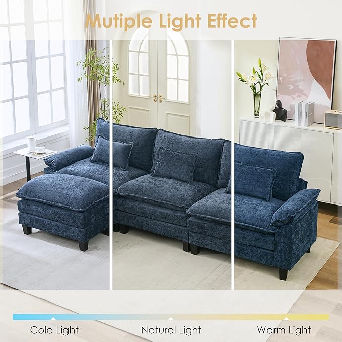 URRED Cloud Couch Modular Sectional Sofa, 122'' Modern L Shaped Deep Seat Sofa with Ottoman & Pillows, Ultra Comfy Chenille Couches for Living Room, Bedroom or Apartment, Blue