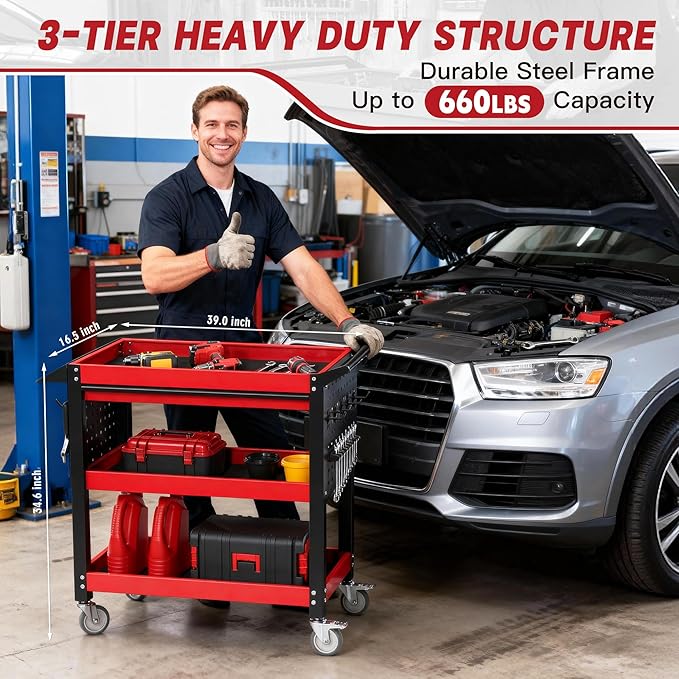 XCX 3 Tier Tool Cart on Wheels, Heavy Duty Metal Rolling with Drawers and Pegboards, 660 LBS Load Capacity Tool Storage Cart, Industrial Utility for Garage, Warehouse, Workshop