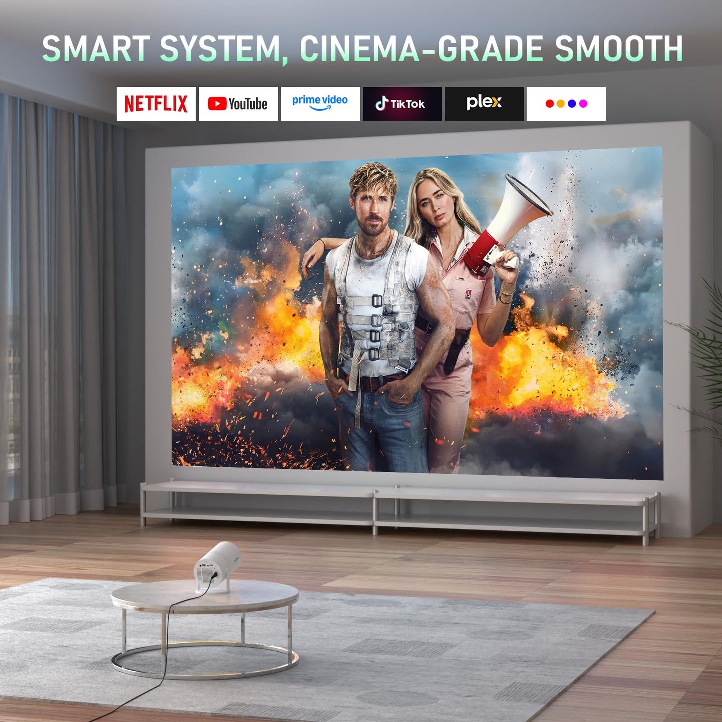 【Bone white Projector & Built-in Apps】XuanPad Mini Projector with Wi-Fi and Bluetooth, Full HD 1080P Smart Portable Projector with 210° Stand, Auto Vertical Keystone, Compatible with HDMI/USB/TV Stick