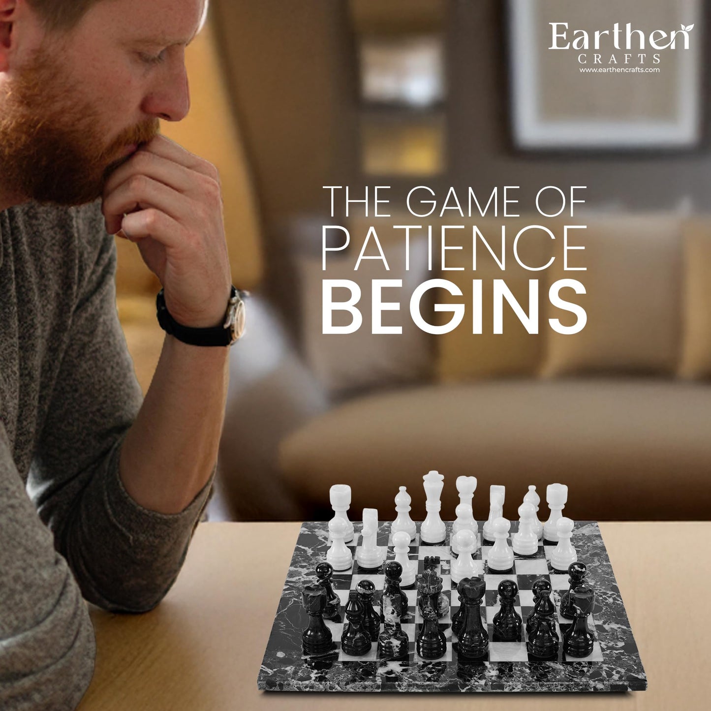 Earthen Crafts Marble Chess Set Black & White 15" Inch with Storage Box for Tournament Beginners and Professional Players, Ideal Board Game Set with Chess Pieces for All Ages