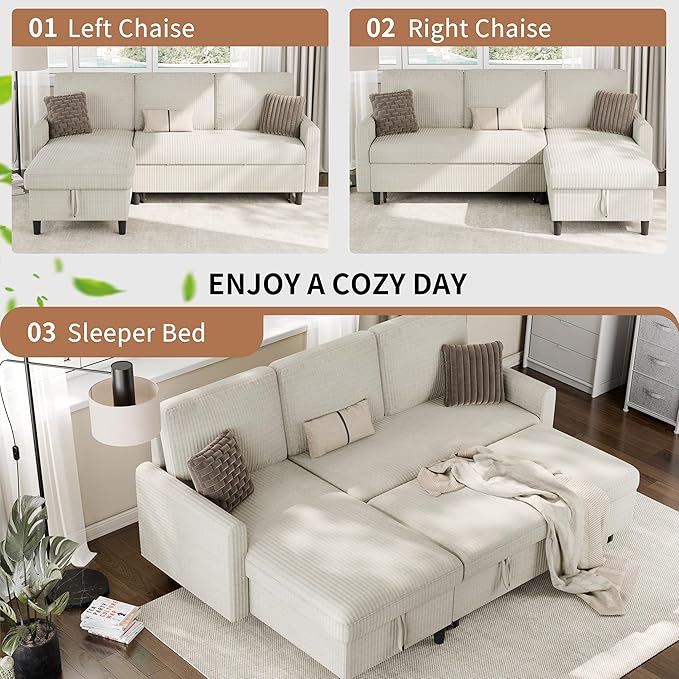 Nuturelly Sectional Sofa Couch Bed L Shaped Sleeper Sofa Bed Pull Out Bed with Storage, Reversible Sectional Couches for Living Room, Apartment, Office(White)