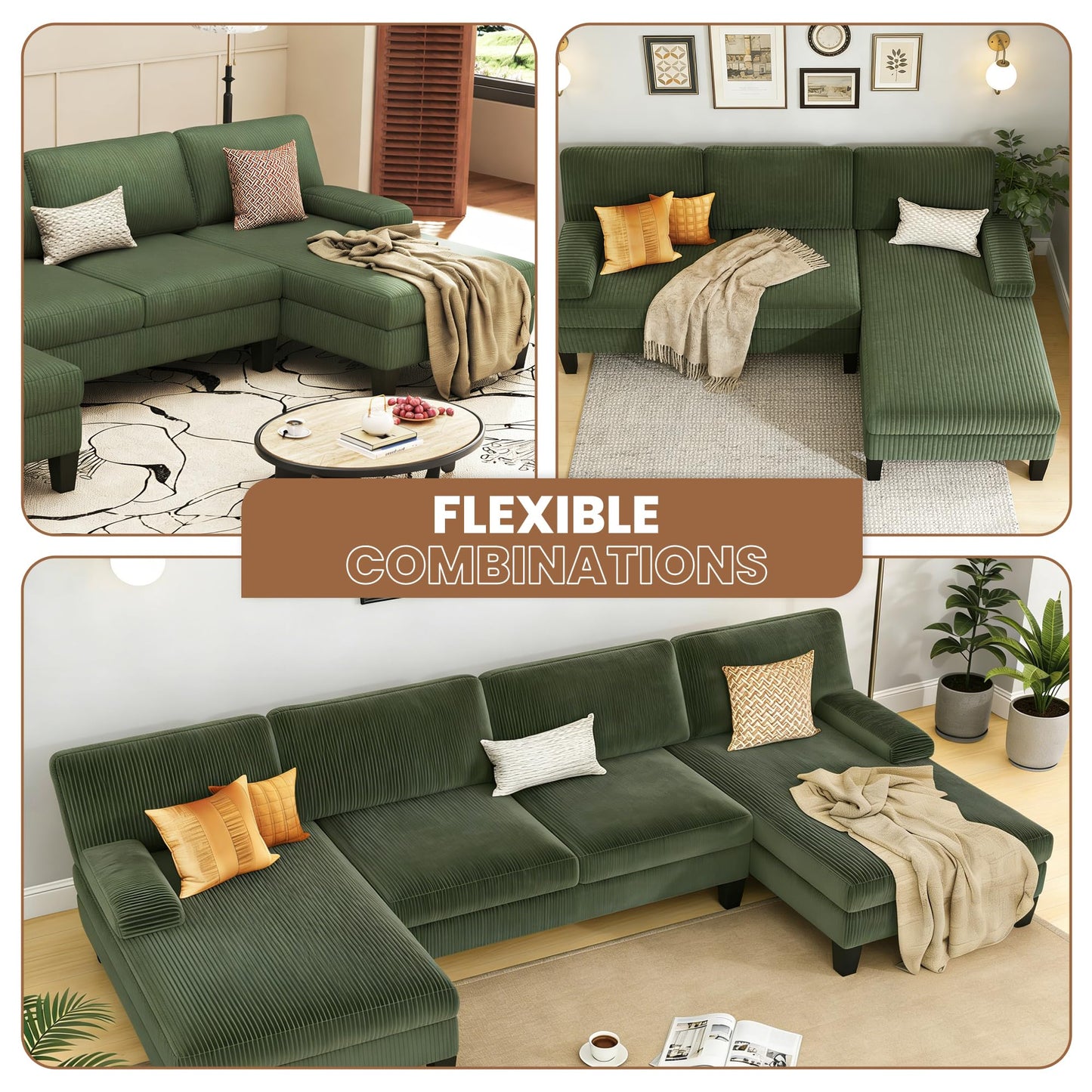 WAYTRIM Sectional Couches for Living Room 108" U-Shaped Modular Sofa Convertible Couch with Double Chaise,Removable Pillows Upholstered 4-Seat Couch for Apartment (Green)
