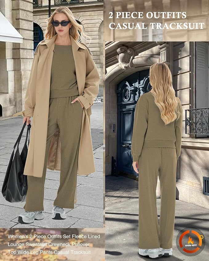 Sweetyweee Women's 2 Piece Outfits Set Fleece Lined Lounge Sweatsuit Crewneck Pullover Top Wide Leg Pants Casual Tracksuit