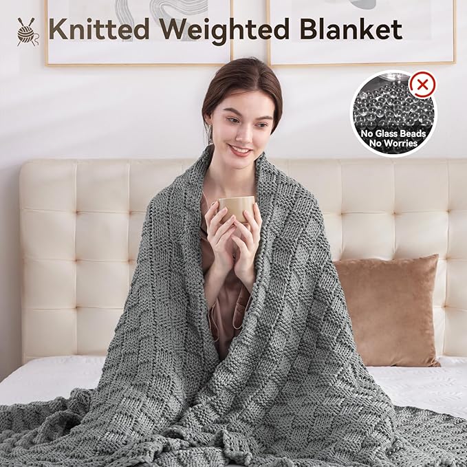 Knitted Weighted Blanket for Adult, No Beads Heavy Blanket 48” x 72'' 12lbs, Breathable Chunky Knit Blanket, Cooling Weighted Blanket for Hot Sleepers, Christmas Home Decor (Light Grey)