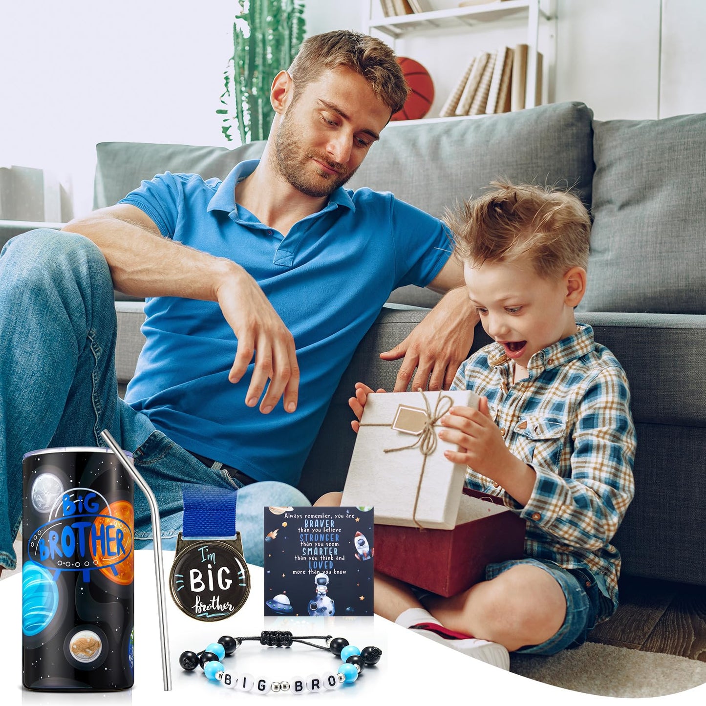 Sieral 4 Pcs Big Brother Gift Sets New Big Brother Tumbler with Straw Beaded Bracelet Medal with Lanyard Inspirational Card Baby Shower Gifts New Baby Birthday Party Favors for Little Boys(Space)