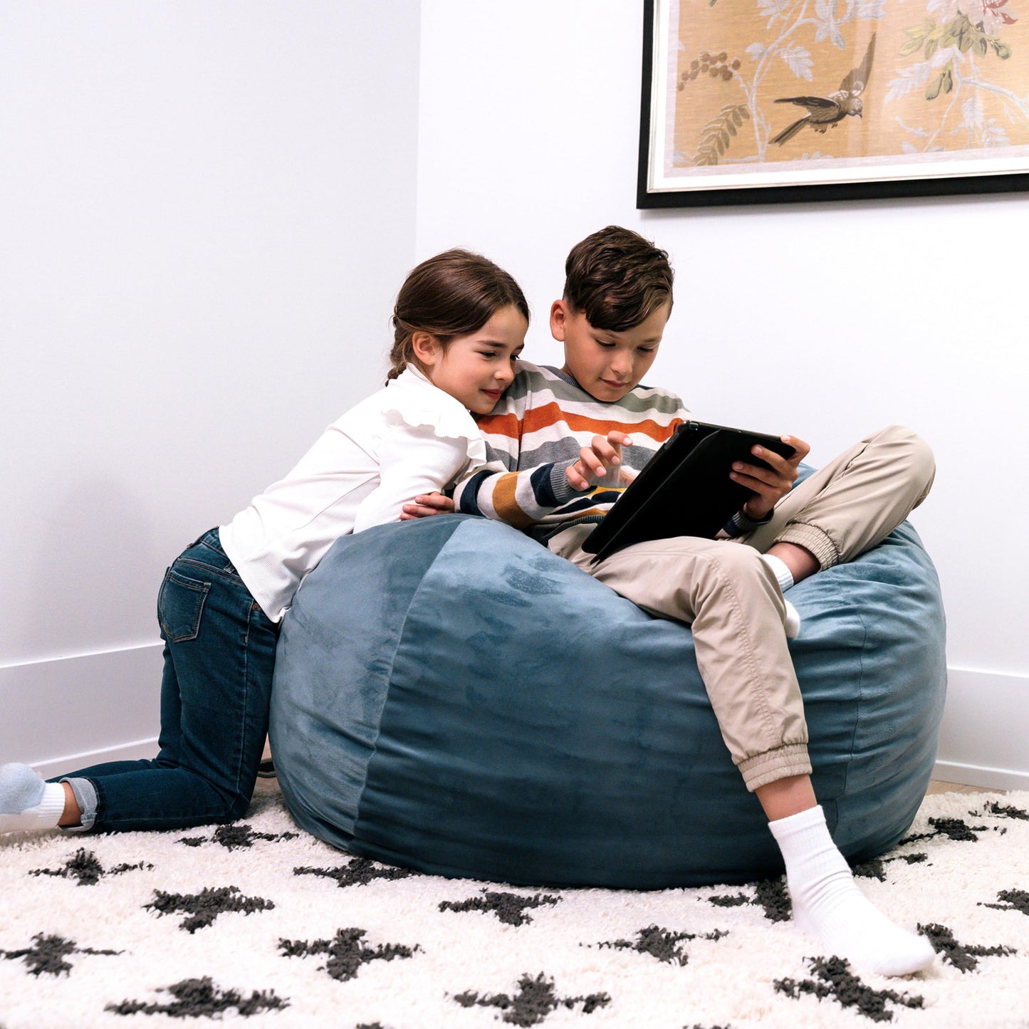 Big Joe Little Big Fuf Foam Filled Bean Bag Chair, Slate Blue Plush Soft Polyester