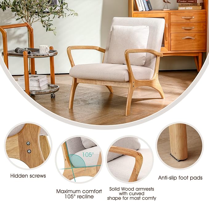 ELUCHANG Accent Chair with Lumbar Pillow,Mid-Century Modern Accent Chair Armchair, Linen Fabric Comfy Reading Chair Lounge Side Chair for Living Room Bedroom Apartment,Easy Assembly(Beige,2PCS)