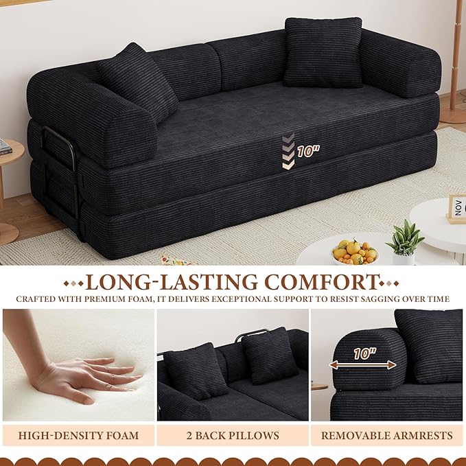 77" Convertible Sofa Bed, Modular Folding Futon Corduroy Floor Foam Compressed Loveseat Sleeper Sofa Couch, Pull Out Queen Size Couch Bed with 2 Pillows for Living Room Guest Room Studio, Black