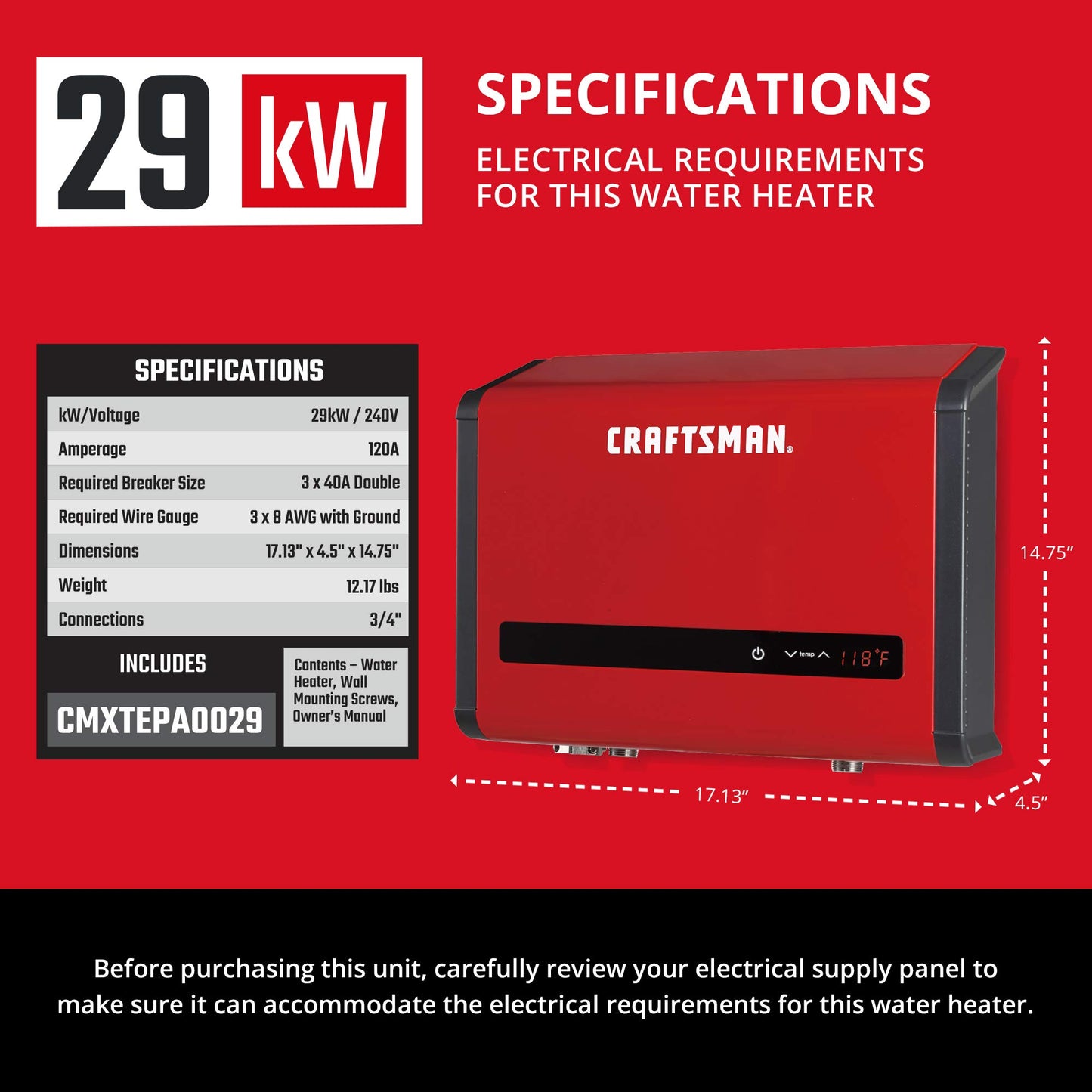 CRAFTSMAN 29kW 240-Volt 5.7 GPM Electric Tankless Water Heater, hot water heater for 2-3 Bathrooms
