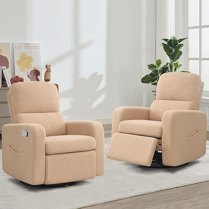 AEMEIOS Swivel Rocker Recliner, Oversized Manual Boucle Nursery Glider Rocking Recliner Chair with Removable Cushion, Upholstered Swivel Reclining Chair for Nursery Living Room Bedroom,Teddy Camel