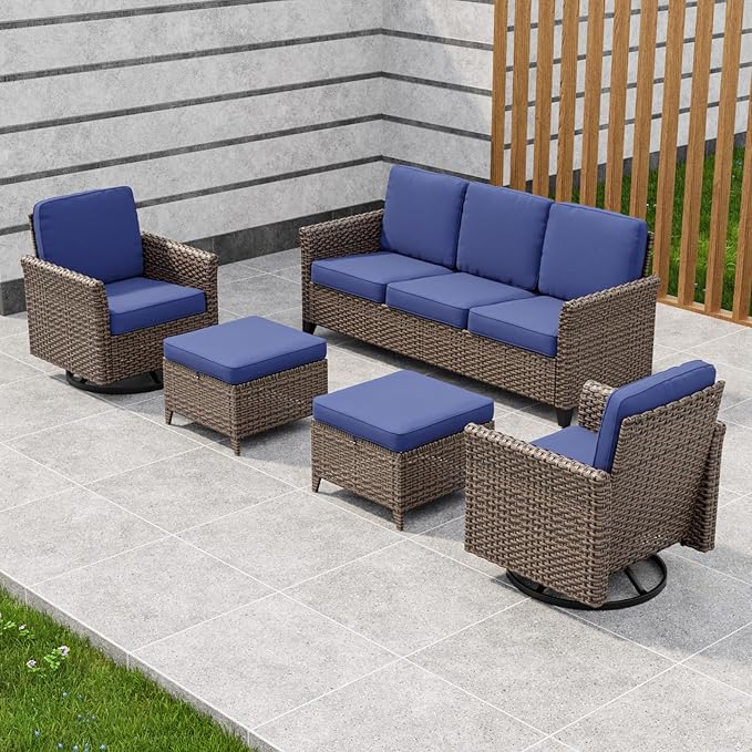 COOS BAY Harbor Retreat 5 Piece Outdoor Furniture Set, Patio Conversation Set with w/Swivel Rocking Chairs, 3 Seat Couch and Ottomans, Wicker Furniture, Brown/Blue