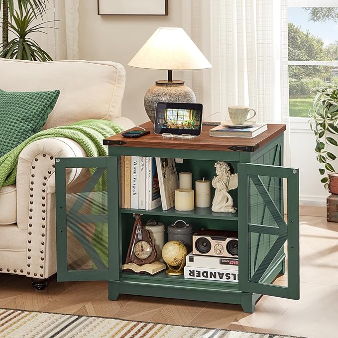 Joaxswe Farmhouse End Table with Charging Station Set 2, 24" Large Sofa Side Table with Glass Barn Door, Nightstand with Adjustable Storage Shelf, Wood Square Bedside Table for Living Room, Bedroom