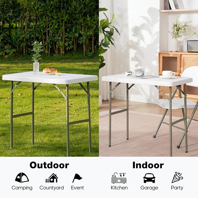2.7ft Rectangular Folding Table for All-Occasion, Foldable Table with HDPE Tabletop and Steel Legs, Durable and Stable Small Folding Table, Perfect for Camping, Picnic, Party, Indoor & Outdoor