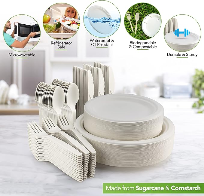 250 Piece Biodegradable Paper Plates Set (EXTRA LONG UTENSILS), Disposable Dinnerware Set, Eco Friendly Compostable Plates & Utensil include Plates, Forks, Knives and Spoons for Party