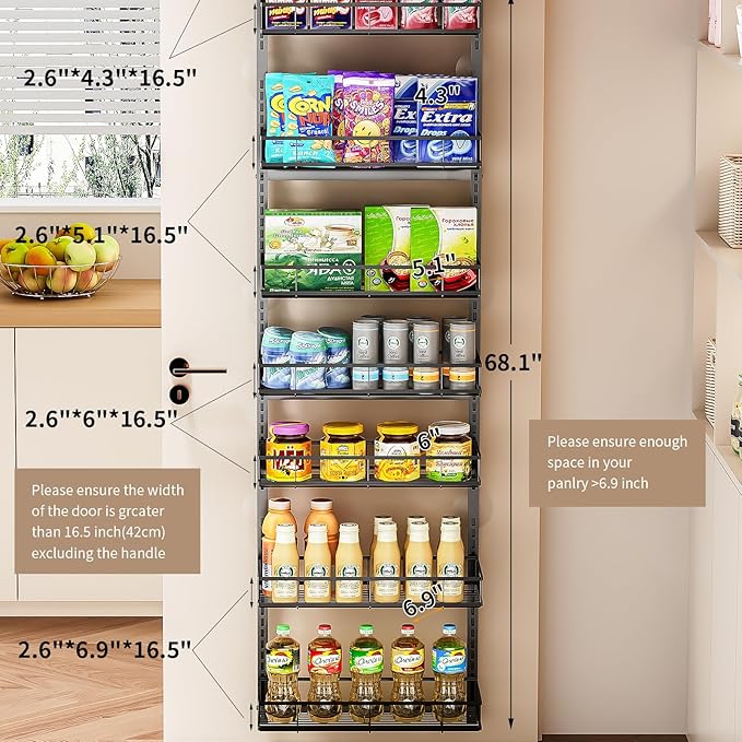 Over The Door Pantry Organizer, 8-Tier Over The Door Organizer with Adjustable Baskets, Metal Hanging Spice Rack for Pantry Organizers and Storage, Suitable for Kitchen Laundry Room & Bathroom,Black