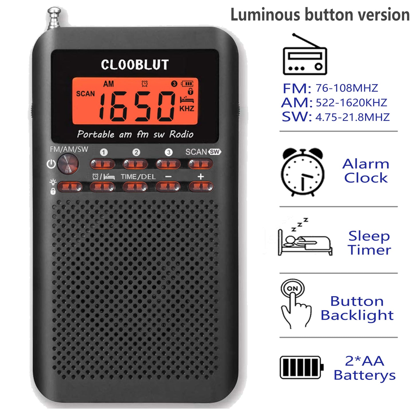 Rd218 Shortwave Radio Fm/Am/Sw Band Transistor Powered By Aa Batteries With Key Backlight Lcd Display Digital Alarm Clock Sleep