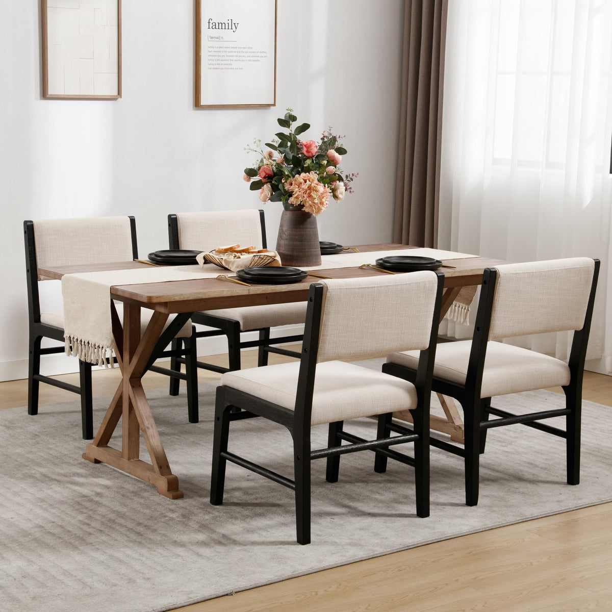 BESTANO Beige Linen Upholstered Dining Chairs Set of 4 Farmhouse Black Wooden Kitchen Dining Chairs Armless Side Chairs with Back