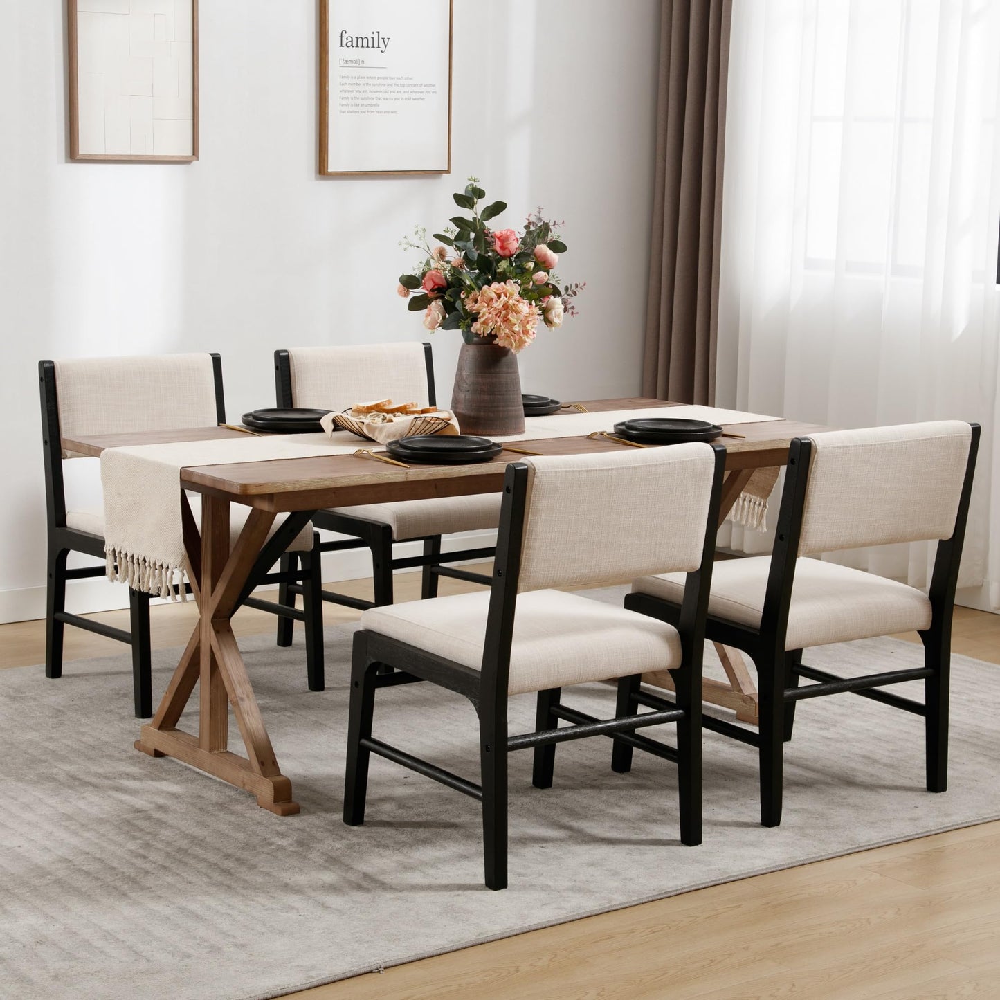 BESTANO Beige Linen Upholstered Dining Chairs Set of 4 Farmhouse Black Wooden Kitchen Dining Chairs Armless Side Chairs with Back