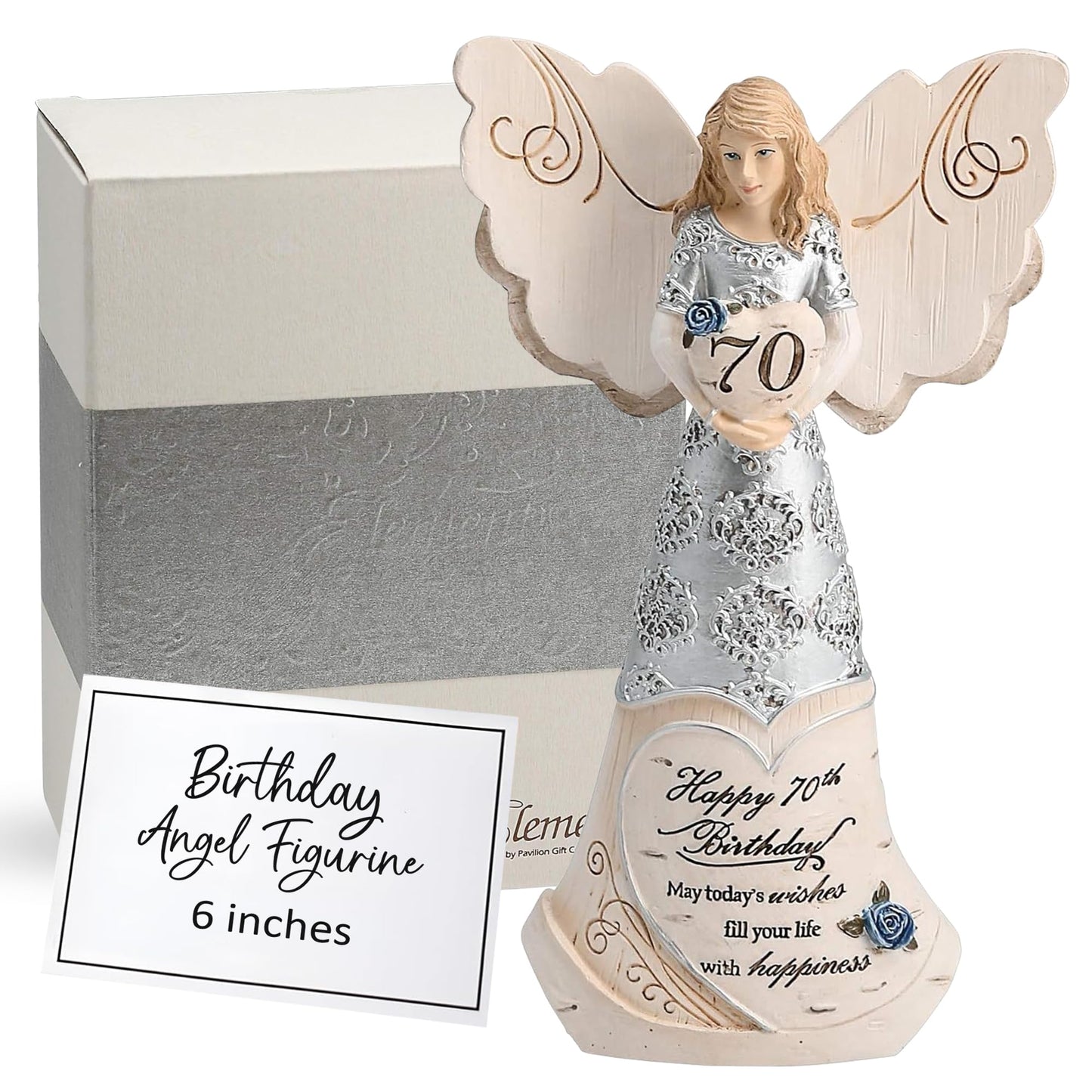 Pavilion 'Happy 70th Birthday' 82416 Elements Angels - Polyresin Birthday Angel Figurine - Silver Hand-Painted Remembrance and Keepsake Gift Angel for Grandmothers, Mothers, Aunts, Friends, Women