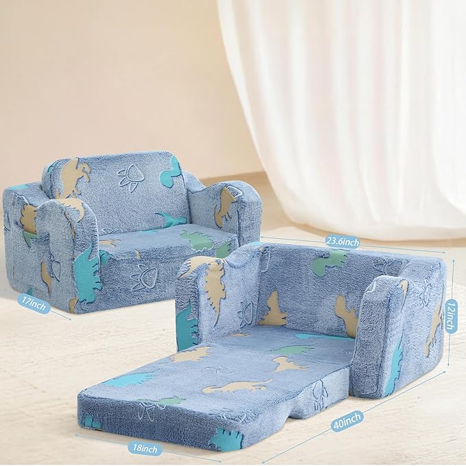 MeMoreCool Toddler Fold‑Out Couch for Ages 1‑3 yrs – Glowing Dinosaur Plush Kids Floor Sofa, Convertible 2‑in‑1 Lounger & Bed with Soft Washable Cover