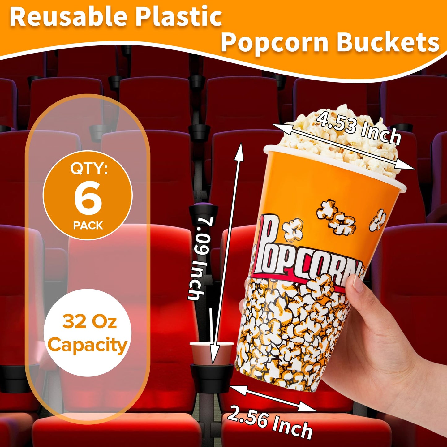 RAYMEA Plastic Popcorn Containers Retro Style Small Reusable Popcorn Buckets for Movie Night-6 Pack