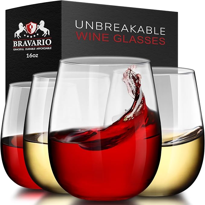 Bravario Unbreakable Stemless Plastic Wine Glasses | Reusable | Shatterproof 100% Tritan Plastic | Dishwasher-Safe | BPA-f...