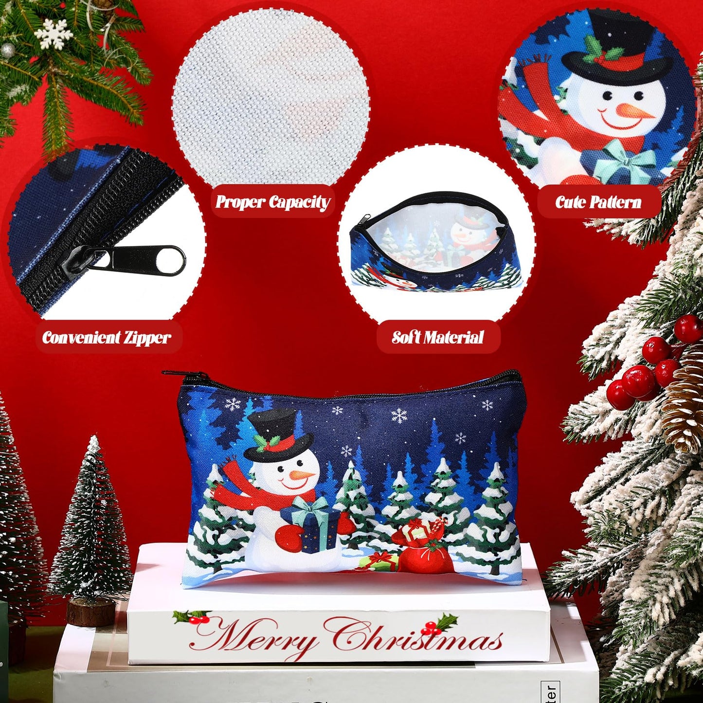 Reginary 60 Pcs Christmas Makeup Bags Bulk Xmas Cosmetic Bags 7 x 4.3 Inches Snowman Snowflake Santa Zipper Pouch Christmas Purses Gifts for Women