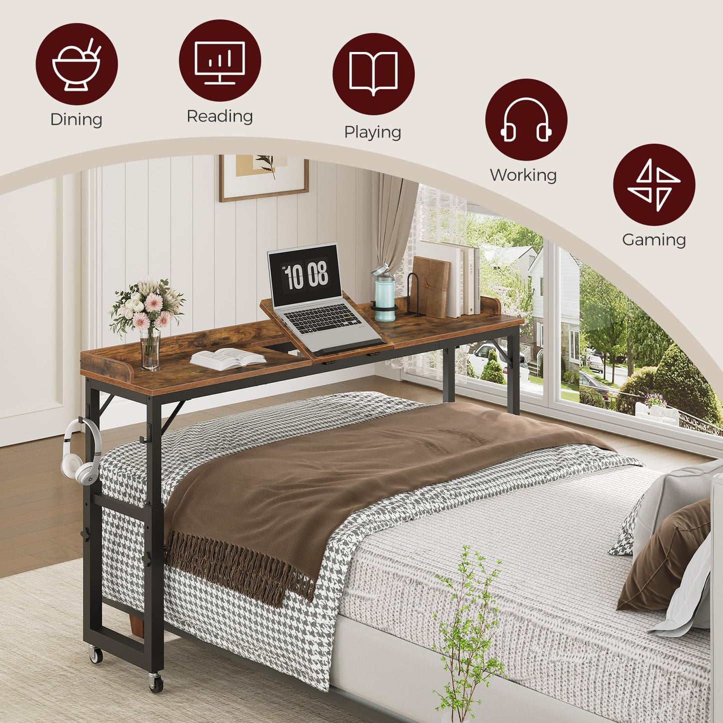 MAHANCRIS Overbed Table with Wheels, Adjustable Height Rolling Table, Mobile Bed Desk for Queen Bed, Computer Desk with Tilt Stand, Bookshelf, Cup Holder, Hooks, Rustic Brown MTHR18101