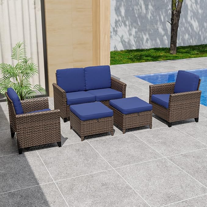 COOS BAY Harbor Retreat 5 Piece Outdoor Furniture Set, Patio Conversation Set with Patio Chairs, 2 Seat Loveseat and Ottomans, Wicker Furniture, Brown/Blue