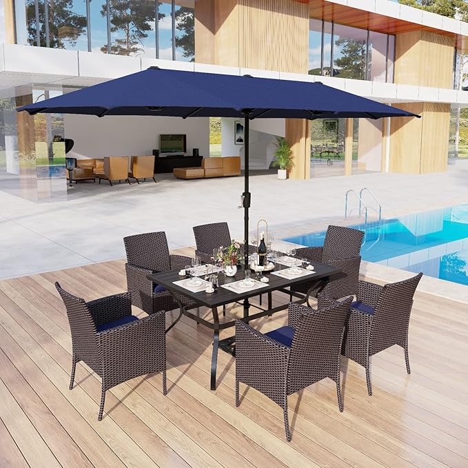 MFSTUDIO Patio Wicker Chair Sets of 6, Outdoor Patio Rattan Sofa Dining Chairs Set of 6 with Navy Removable Cushions, Armrests and Metal Frame, 330lbs, Backyard, Porch