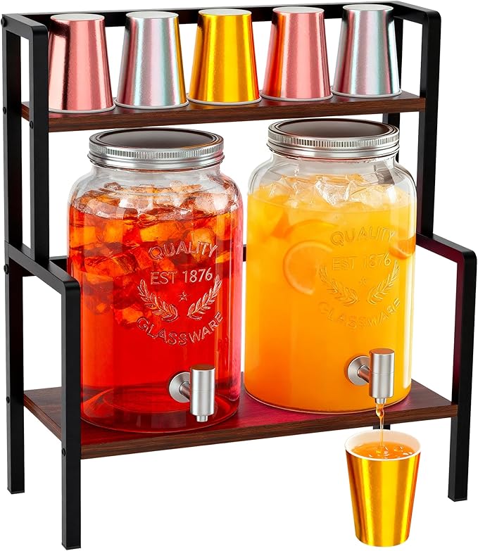 2PCS 1.5 Gallon Drink Dispenser - Glass Beverage Dispenser With Wood Stand and Leakproof Stainless Steel Spigot, Large Dri...