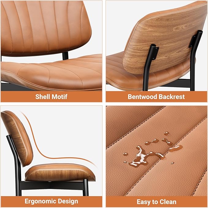 YaFiti Dining Chairs Set of 8, Dining Room and Kitchen Chairs, Mid Century Modern Accent Chair, Upholstered PU Leather Chairs for Vanity with Walnut Bentwood and Metal Legs, Light Tan
