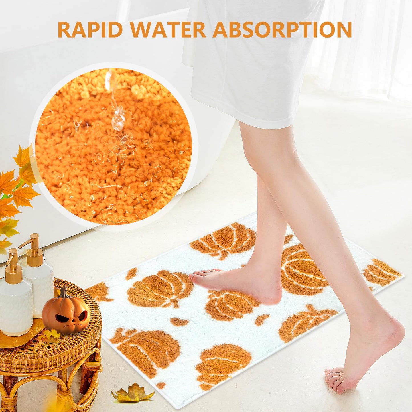 APROPHIC Fall Pumpkin Bath Mats for Bathroom, Thanksgving Super Absorbent Non-Slip Microfiber Shaggy Bath Rugs, Autumn Bathroom Mat for Shower, Tub, Sink, Decor, Machine Washable, 17x24 in, Orange