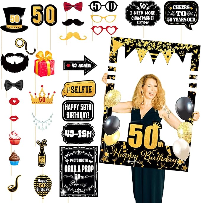 LaVenty Black Gold Glitter 50th Birthday Party Photo Booth Props 50th Birthday Photo Frame Birthday Photo Frame Birthday P...