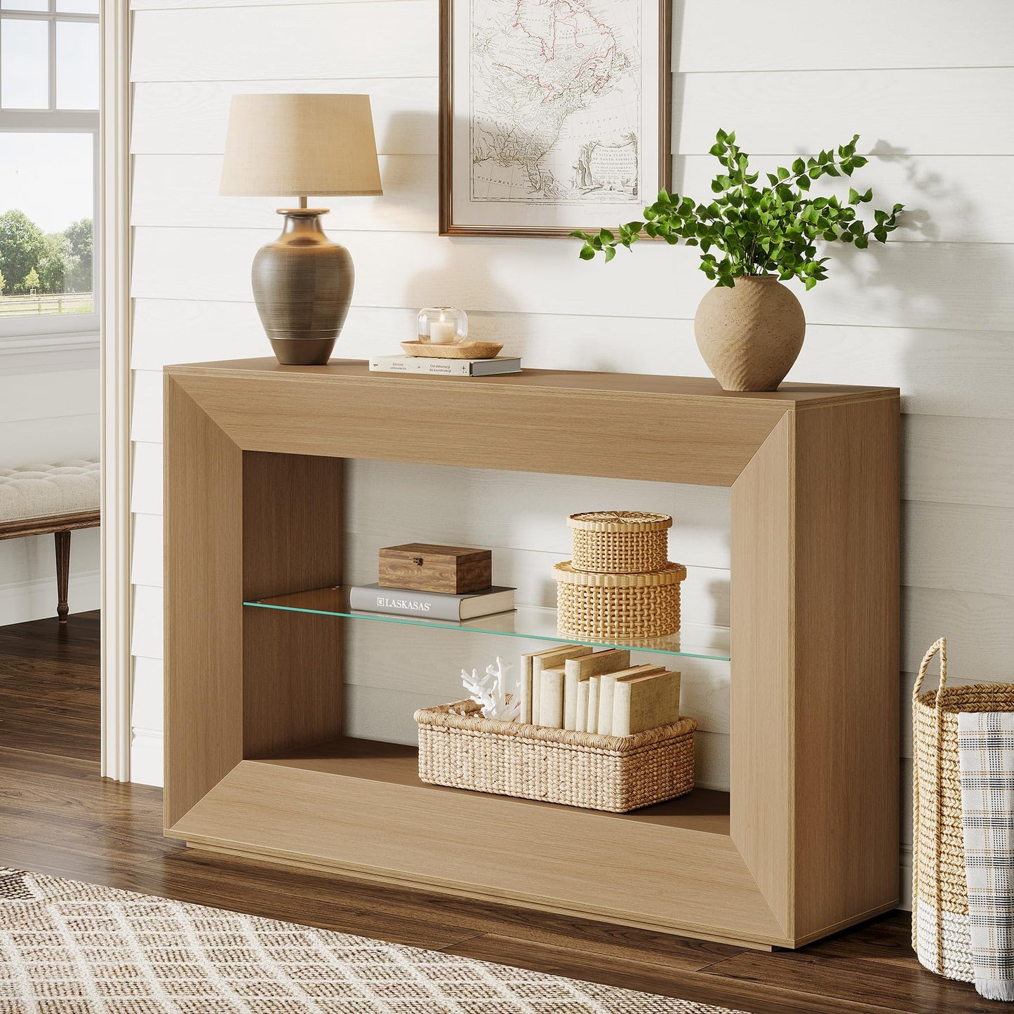 Tribesigns 55-Inch Sofa Table, 3-Tier Farmhouse Console Table with Glass Storage Shelf for Living Room, Entryway, Couch, Hallway, Foyer, Oak
