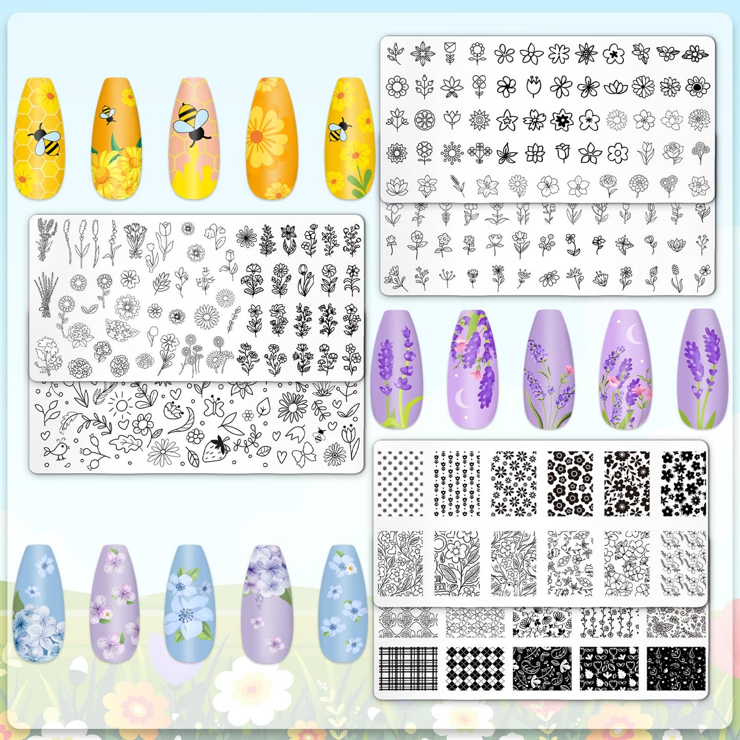 Whaline 6Pcs Spring Summer Floral Nail Plates Stamping Set Flower Leaves Stamp Templates Nail Art Plates for DIY Print Manicure