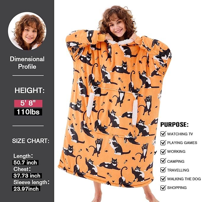 yescool Wearable Blanket Hoodie, Flannel Sherpa Fleece Blanket Sweatshirt for Adults Women Men,One Size Fits All