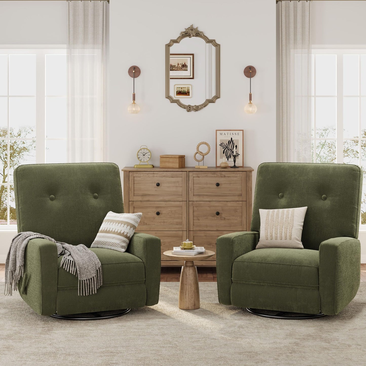 GarveeHome Recliner Chairs, Swivel Rocker Recliner, Glider Recliner Nursery Chair for Adults, 360° Swivel Glider Rocking Chair for Living Room, Bedroom, Office, RV, Small Spaces, Corduroy, Green