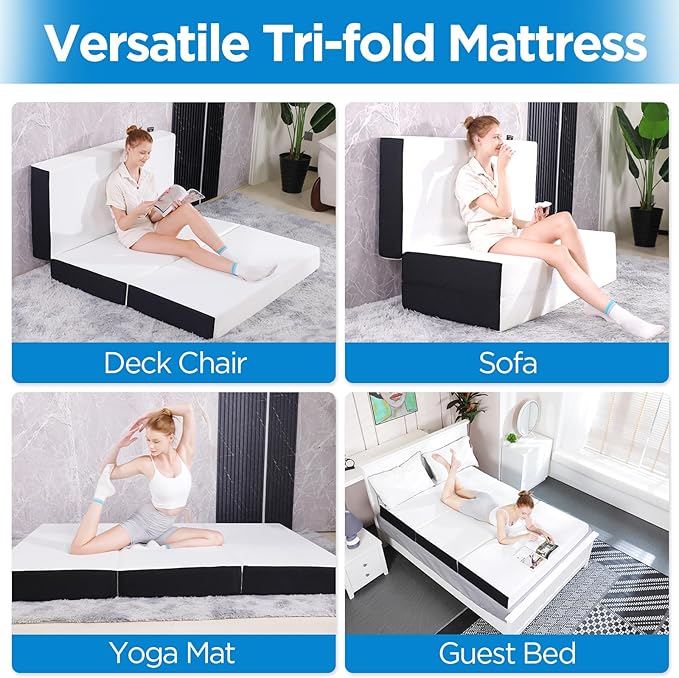 Roxzo 6" Cot Tri-Fold Memory Foam Folding Mattress Topper with Washable Cover - Cooling Mattress Pad for College Dorm, Single Bed, Camping, and Guest Bed - 75"x31"x6"
