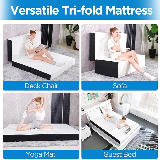 Roxzo Folding Mattress, 6 inch Single Tri-Folding Memory Form Mattress,Portable Trifold Mattress Topper with Washable Cover, Non-Slip Bottom for Camping & Guest Beds, 75"x25"x6"