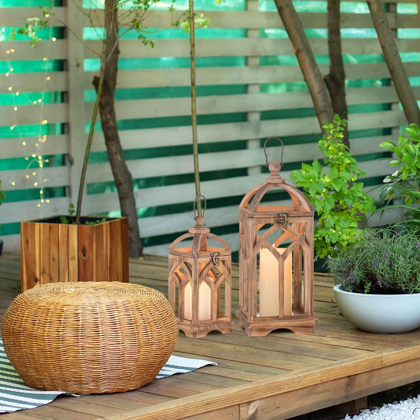Staymoment Farmhouse Lanterns Decorative Indoor: 11" & 15" Set of 2 Brown Wooden Candle Holder Lanterns for Table Centerpiece Fireplace Mantle Home Decor