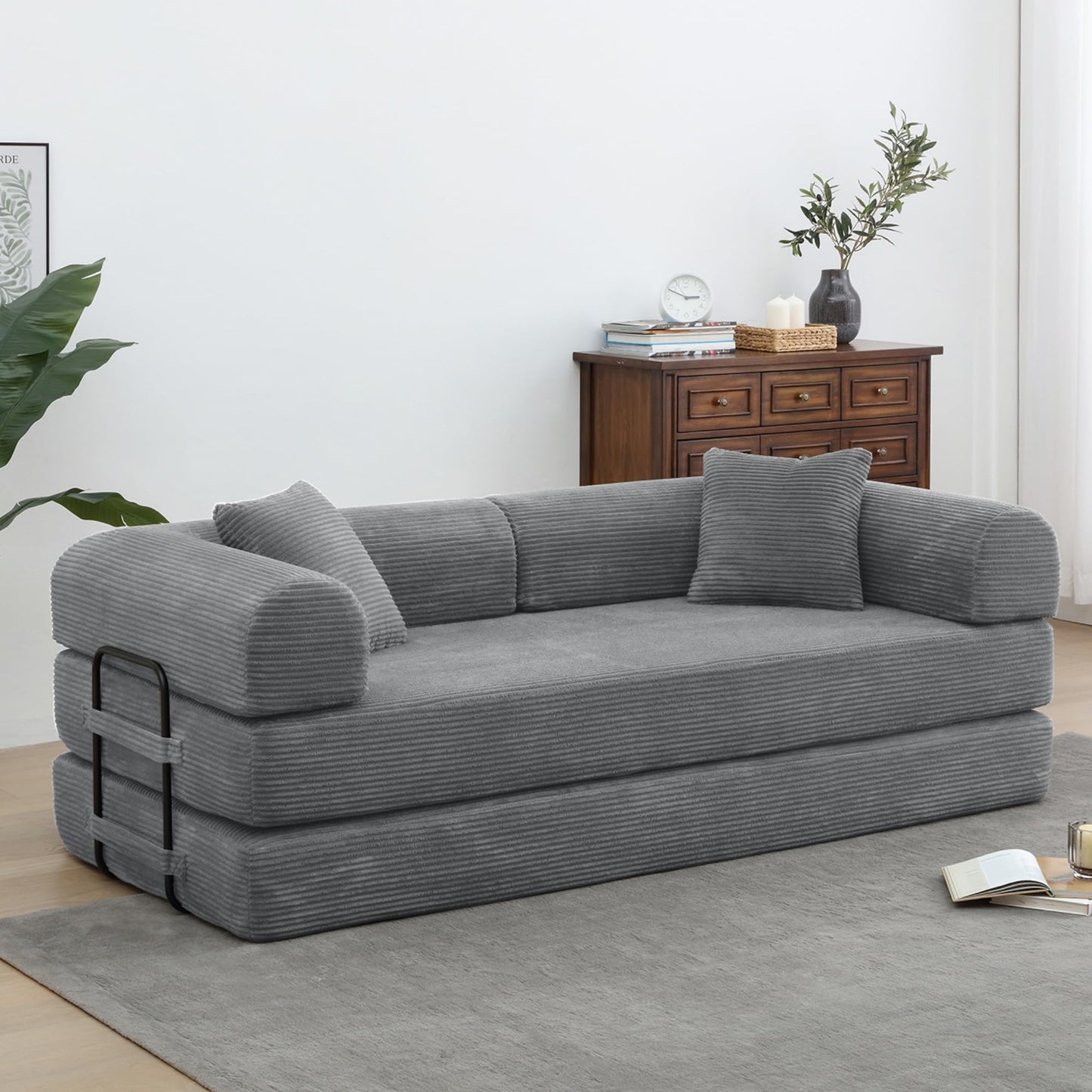 ZEIINPA Comfy Convertible Folding Mattress Couch, Floor Sofa Bed with Fixed-Shape Frame, Corduroy Floor Sofa with Armrest, Floor Sofa Lounge Couch for Living Room Bedroom Lounge Studio,Grey