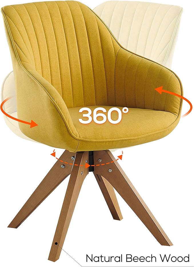 Art Leon Dining Chair, Mid Century Modern Fabric Upholstered Swivel Dining Room Chair with Wood Legs, Leisure Side Chair with Arms for Living Room, Yellow