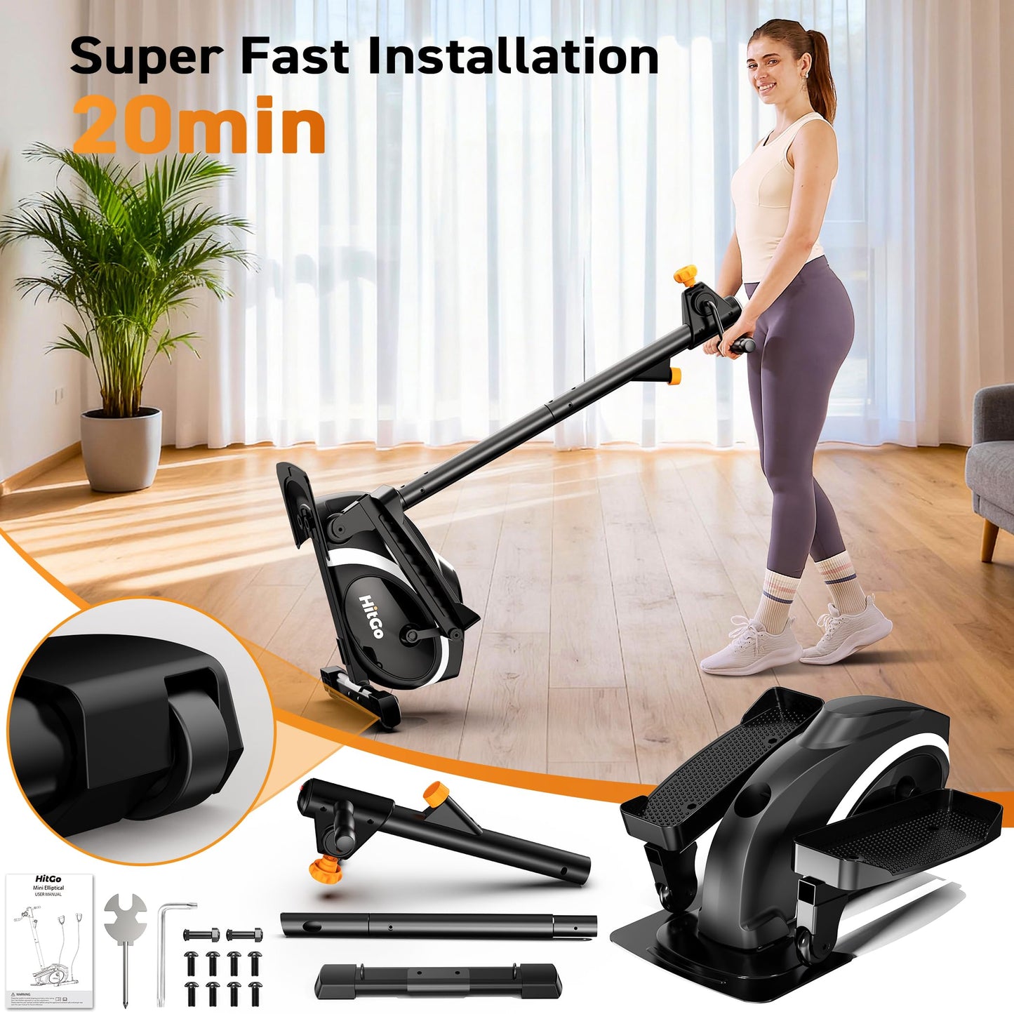 HitGo Elliptical Exercise Machine - 3-in-1 Elliptical Machine for Home with Handlebars & Resistance Bands, Magnetic Resistance & LCD Display, Portable Step Machine Peddler Exerciser for Home Workout