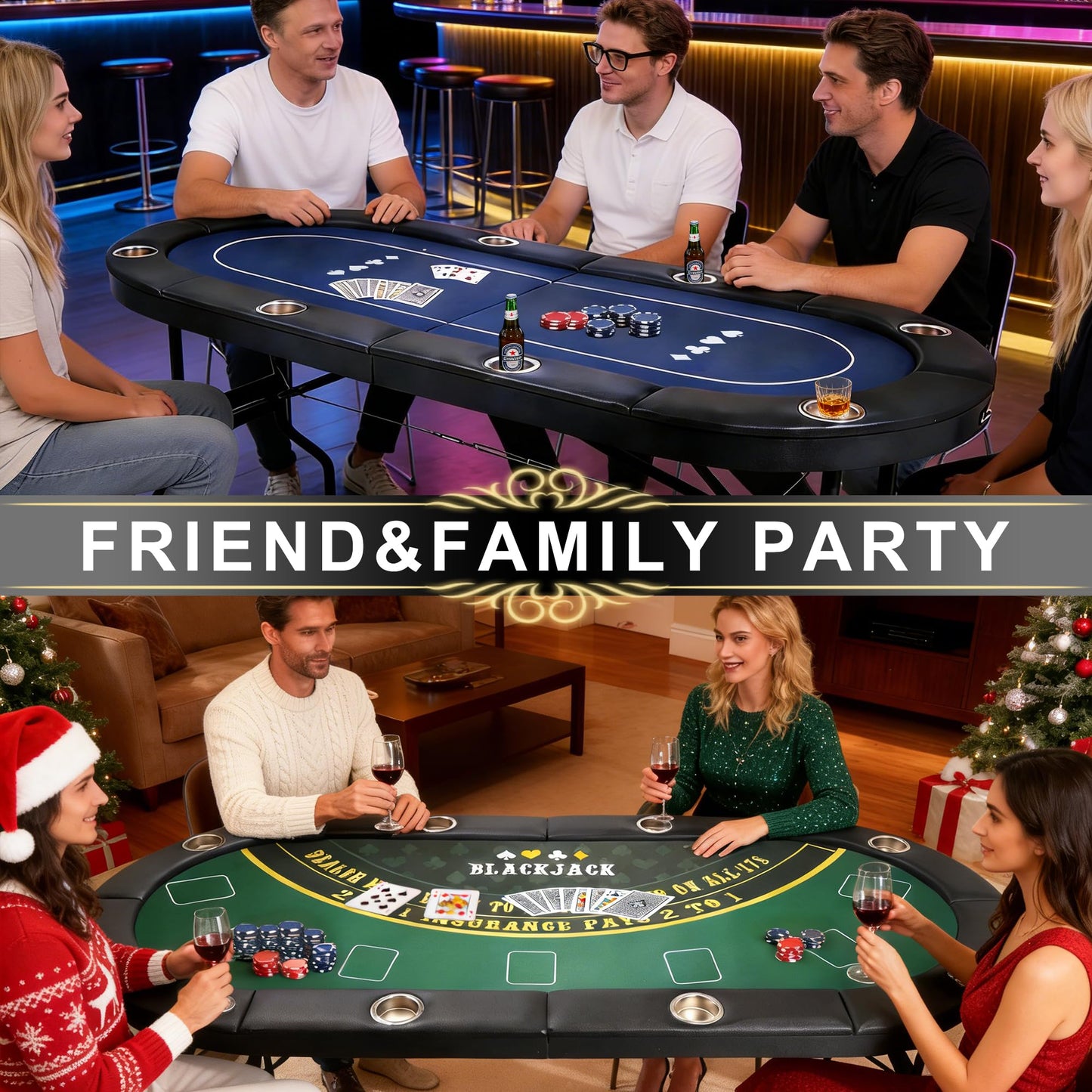 JeeSaleTec Folding Poker Table for Texas Holdem&Blackjack, 8 Players Poker Table with Double-Sided Reversible Poker Mat, 8 Cup Holders and Casino Quality Soft Felt.